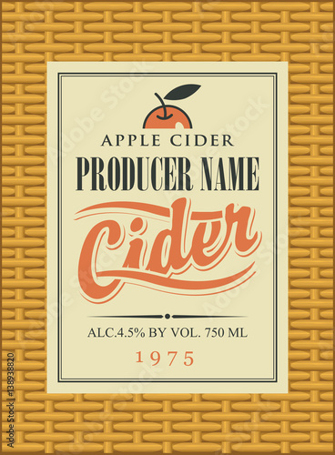 Cider label in square frame on the basket background with apple