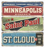Vintage tin sign collection with USA cities. Minneapolis. Saint Paul. St. Cloud. Retro souvenirs or postcard templates on vintage background. Minnesota city.