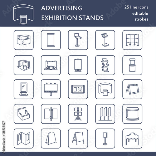 Advertising exhibition banner stands, display line icons. Brochure holders, pop up boards, bow flag, billboard folding marquees and other promotion design elements. Trade objects thin linear signs.