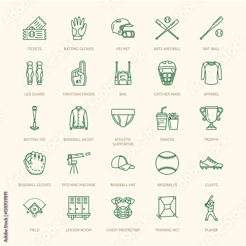 Baseball, softball sport game vector line icons. Ball, bat, field, helmet, pitching machine, catcher mask. Linear signs set, championship pictograms with editable stroke for event, equipment store.