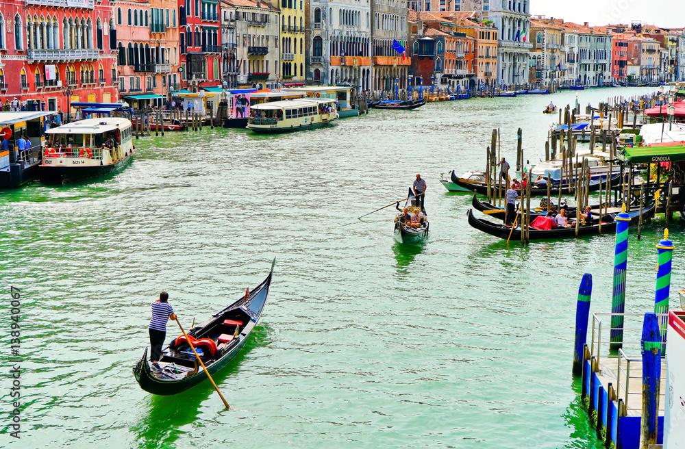 View of the Gondolas rowing on the Grand Canal in Venice
