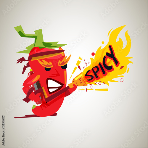 Chili mascot with fire gun. character design of hot and spicy - vector