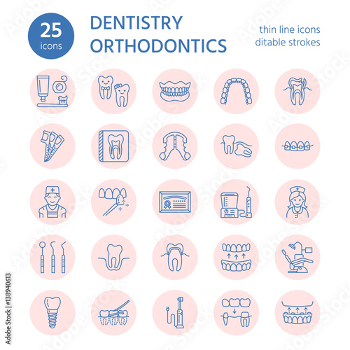 Dentist, orthodontics line icons. Dental care equipment, braces, tooth prosthesis, veneers, floss, caries treatment and other medical elements. Health care thin linear signs for dentistry clinic.