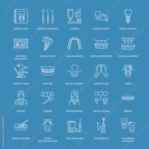 Dentist, orthodontics line icons. Dental care equipment, braces, tooth prosthesis, veneers, floss, caries treatment and other medical elements. Health care thin linear signs for dentistry clinic.