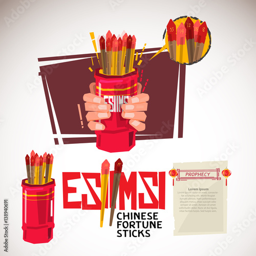 Esiimsi. Hand holding Chinese fortune sticks and shaking.  typographic design - vector