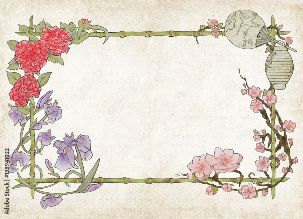 Cornice floreale, colorata, giapponese, su sfondo pergamena Stock ...