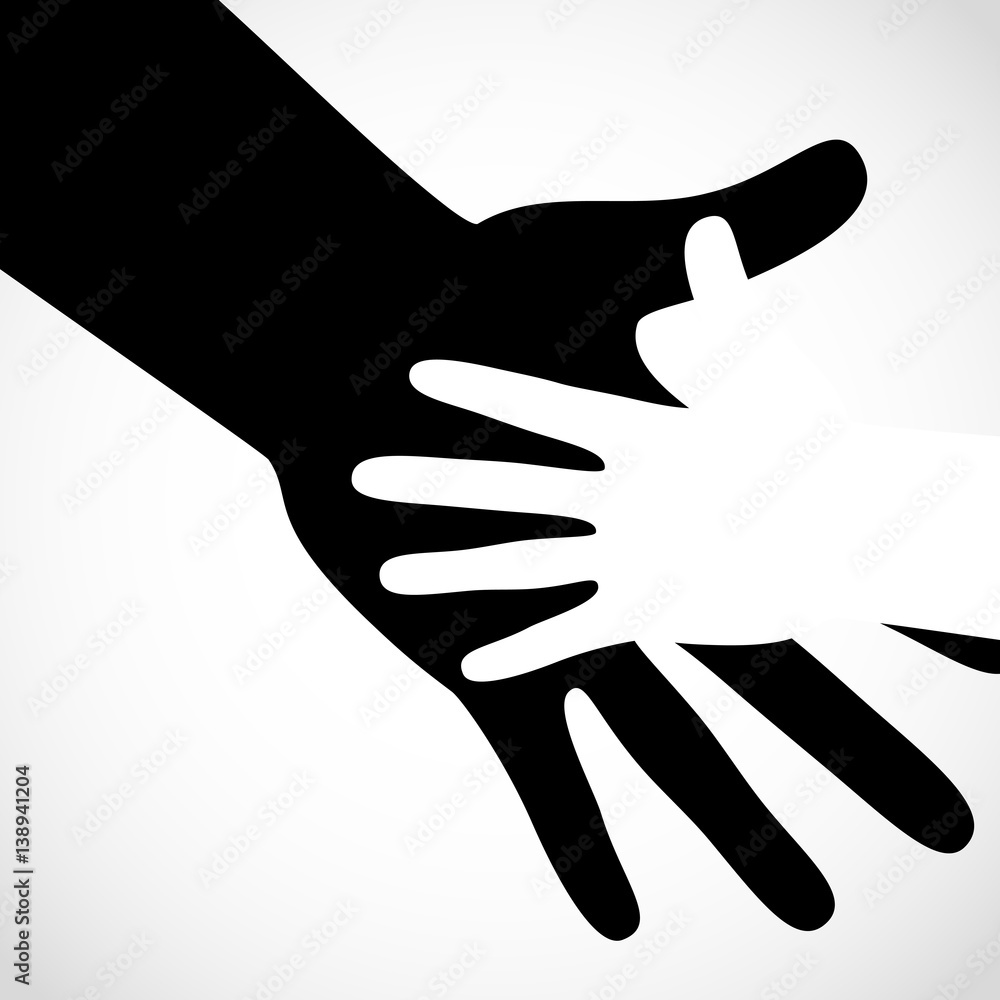 Black color big hand and white small hand concept. Help symbol hands support emblem. Hands icon illustration. Education, health care, medical, design element.