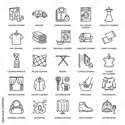 Dry cleaning, laundry line icons. Launderette service equipment, washing machine, clothing shoe and leaher repair, garment ironing and steaming. Washing thin linear signs for self-service laundry.