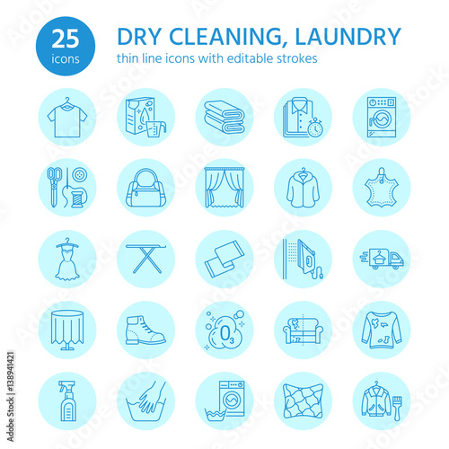 Dry cleaning, laundry line icons. Launderette service equipment, washing machine, clothing shoe and leaher repair, garment ironing and steaming. Washing thin linear signs for self-service laundry.