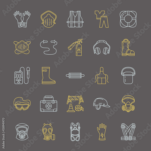 Personal protective equipment line icons. Gas mask, ring buoy, respirator, bump cap, ear plugs and safety work garment. Health protection thin linear signs.