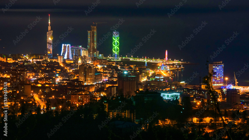 Batumi, Georgia. Aerial view of city center at night