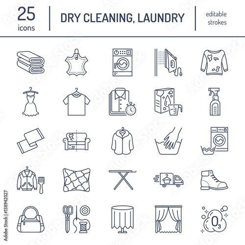 Dry cleaning, laundry line icons. Launderette service equipment, washing machine, clothing shoe and leaher repair, garment ironing and steaming. Washing thin linear signs for self-service laundry.