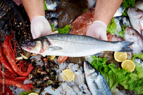 Seller presenting a fresh sea bass fish in fish store photo