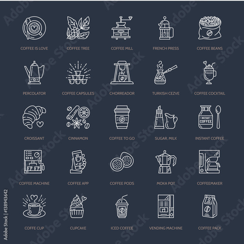 Coffee making equipment vector line icons. Tools - moka pot, french press, coffee grinder, espresso, vending, plant. Linear restaurant, shop pictogram with editable stroke for menu.