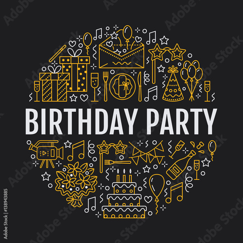 Event agency, birthday party banner with vector line icon of catering, birthday cake, balloon decoration, flower delivery, invitation card, entertainment. Thin linear sign party organization service.