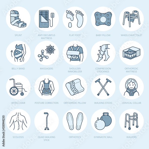 Orthopedic, trauma rehabilitation line icons. Crutches, orthopedics mattress pillow, cervical collar, walkers and other medical rehab goods. Health care thin linear signs for clinic and hospital.