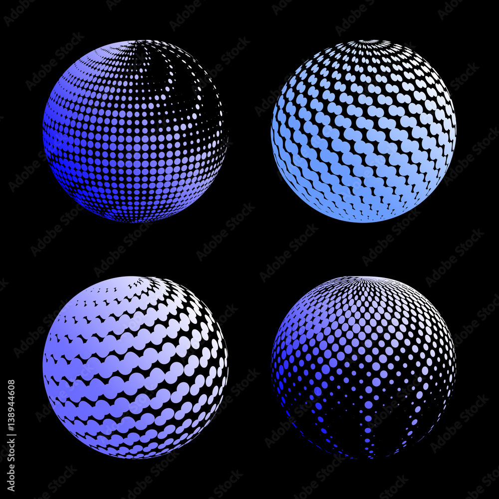 Set abstract halftone 3D spheres. Dotted spot vector design elements. Set abstract halftone 3D spheres. Dotted spot vector design elements.