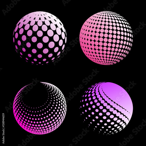 Set abstract halftone 3D spheres. Dotted spot vector design elements.