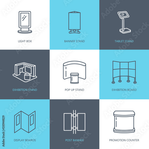 Advertising exhibition banner stands, display line icons. Brochure holders, pop up boards, bow flag, folding marquees and other promotion design elements. Trade objects thin linear signs.