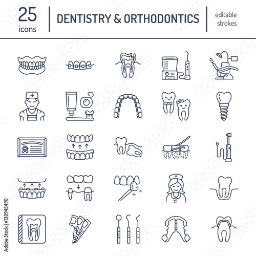 Dentist, orthodontics line icons. Dental care equipment, braces, tooth prosthesis, veneers, floss, caries treatment and other medical elements. Health care thin linear signs for dentistry clinic.