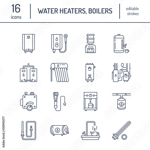 Water heater, boiler, thermostat, electric, gas, solar heaters and other house heating equipment line icons. Thin linear pictogram with editable strokes for hardware store. Household appliances signs.