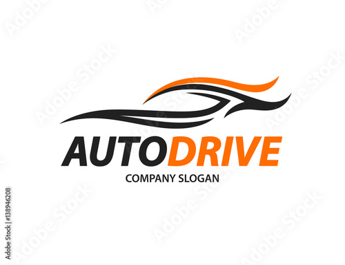 Automotive car logo design with abstract black and orange sports vehicle silhouette icon isolated on white background. Vector illustration.