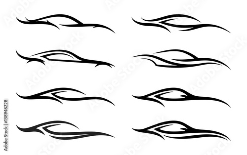 Automotive car collection set with abstract style black sports vehicle silhouettes isolated on white background. Vector illustration.