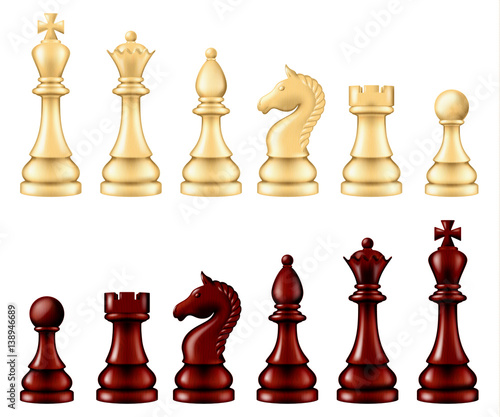 Wooden chess pieces set, two versions - white and black. Vector illustration.