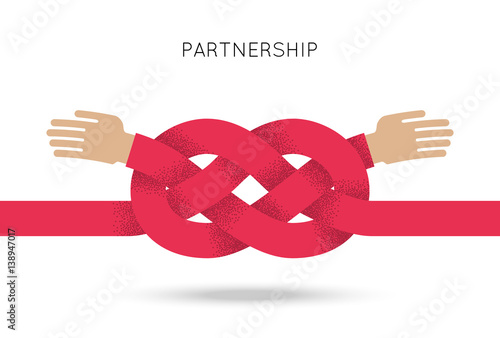 Symbol of business cooperation and partnership, sign of agreement or friendship. Vector concept illustration with couple of hand and knot of red rope. Design element for logo, icon and emblem