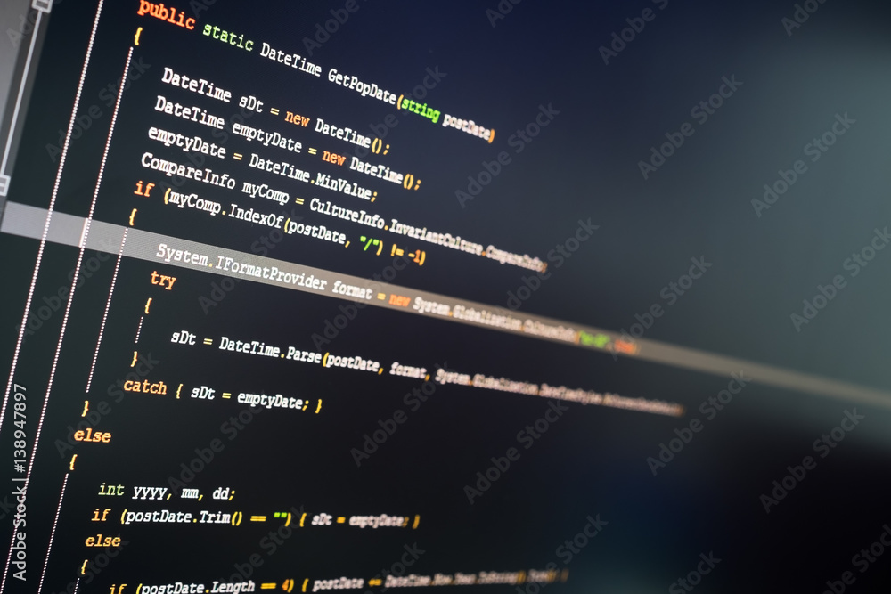 C# (C sharp) computer language source code on computer monitor. Stock ...