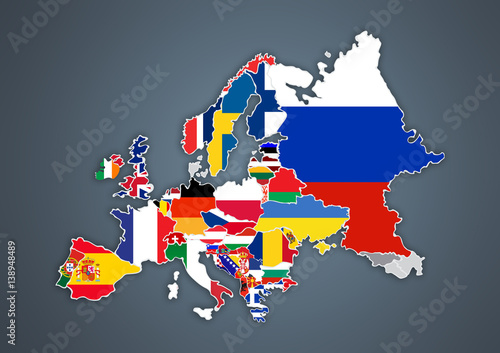 European map with national borders with countries flags