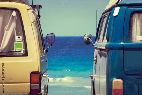 Photography Colored Vans parking facing the see in bondi beach, Sydney,Australia
