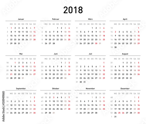 Kalendervorlage 2018, einfach, Querformat, Feiertage Deutschland