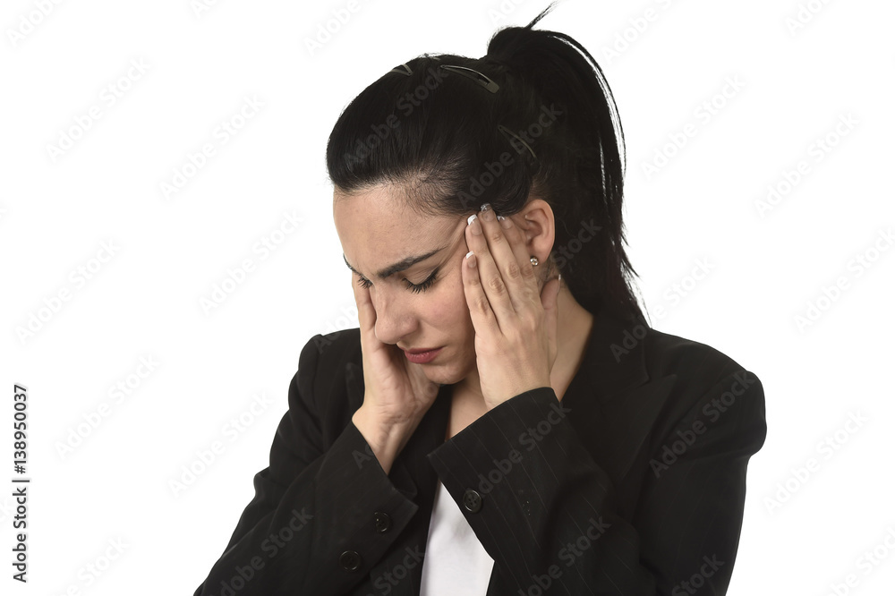 business woman in office suit suffering migraine pain and strong headache with fingers on her tempo business woman in office suit suffering migraine pain and strong headache with fingers on her tempo