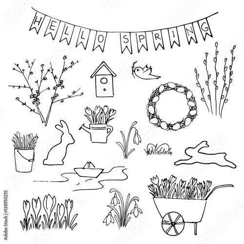 Hello Spring sketch set. First flowers, gardening and Lettering.