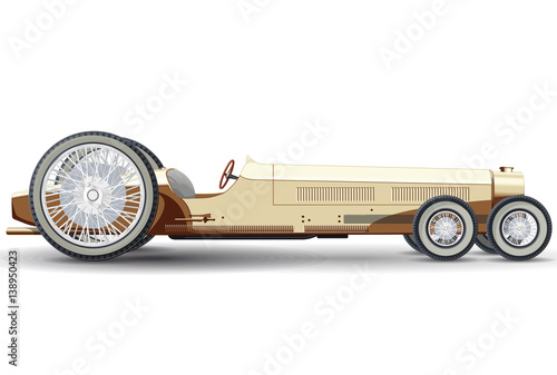 Overly long car looks like limousine. Ancient creamy car with six wheels made in contour lines. Yellow colored car isolated on white background. Historical master vector illustration.