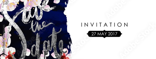 Trendy marble and spring flowers vector invitation template. Watercolor paint textured petals background. Soft velvet, blossom plum tree and shabby gold textures.