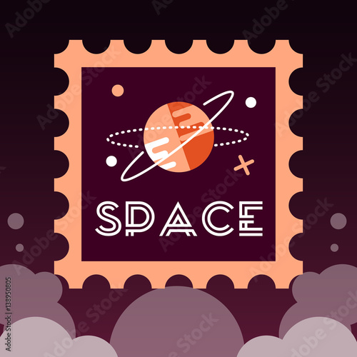 Post stamp with rocket in the space and flat stamp