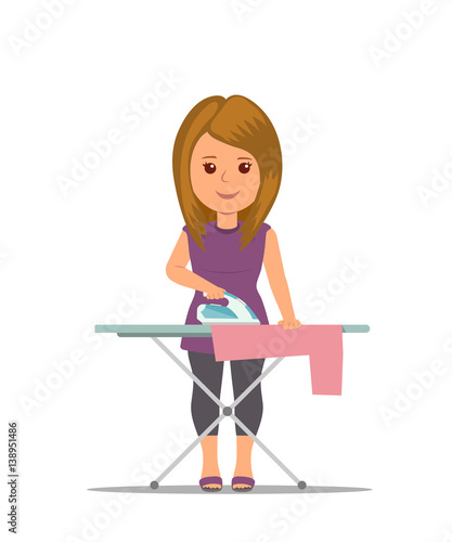 Cartoon woman housewife ironing clothes on iron board. Modern girl busy household chores. Concept design housework in flat style.