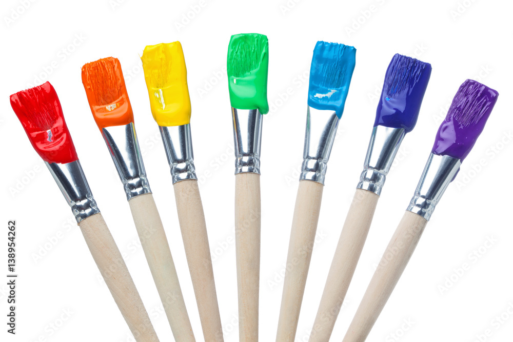 Colorful Paint Brushes with the Colors of the Rainbow, simple isolated in white shots - obrazy, fototapety, plakaty 