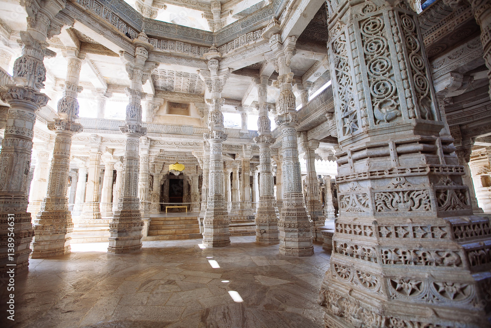 Interior of Ranakpur Temple in Rajasthan, India
