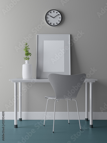 Fototapeta Naklejka Na Ścianę i Meble -  Blank frame poster mockup on the table. 3d rendering