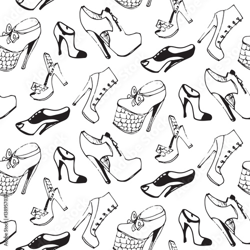 Vector shoes seamless pattern. Footwear endless texture in sketch style.