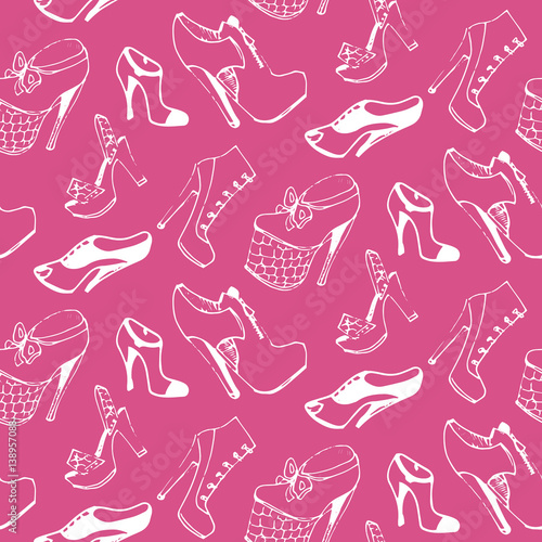 Vector shoes seamless pattern. Footwear endless texture in sketch style.