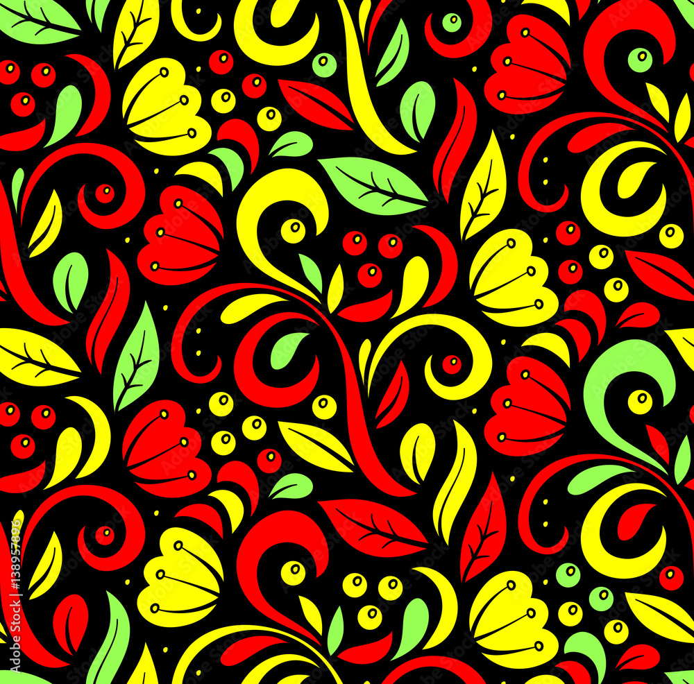 Traditional Russian vector seamless pattern in khokhloma style.