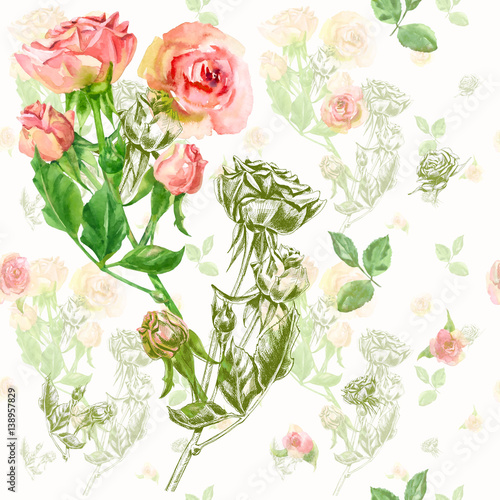Floral square seamless pattern with roses  pink  red flowers  bouquet  stems  leaves on white background  hand draw watercolor painting and sketch  botanical illustration  vintage