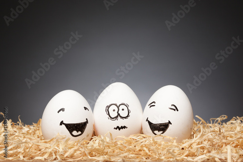 Funny little Easter Egg Stories, hand drawn faces  with expression: One Scared, Two Smiling