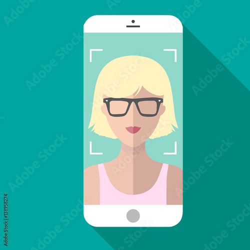 Vector illustration of selfie on mobile phone in trendy flat style. Vector icon of girl taking picture on smartphone.