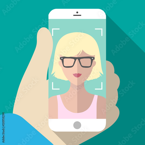 Vector illustration of selfie on mobile phone in trendy flat style. Vector icon of girl taking picture on smartphone.