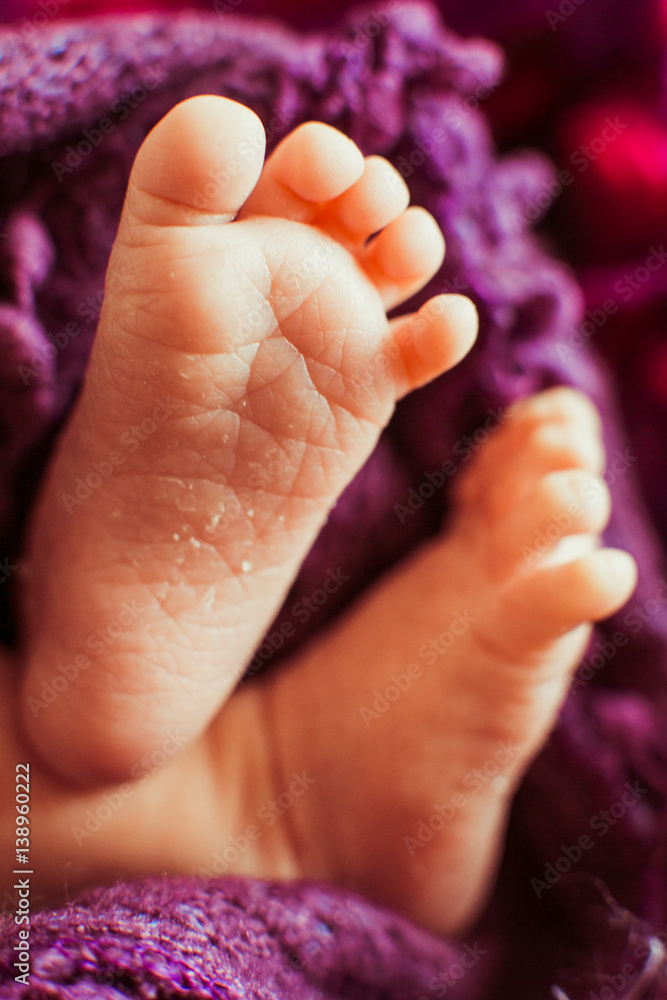 Look at baby's tiny feet covered with violet blanket Look at baby's tiny feet covered with violet blanket